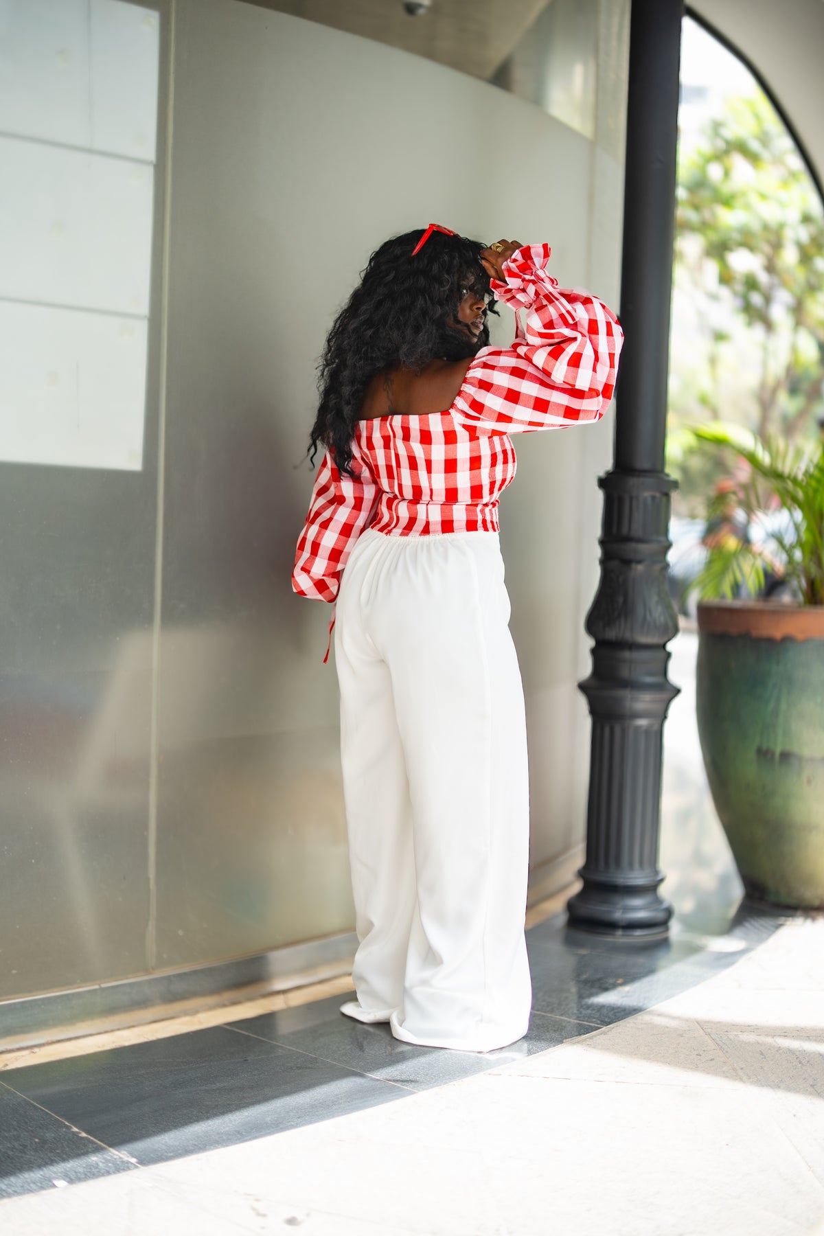 ⁠Gingham ruched top (Red)