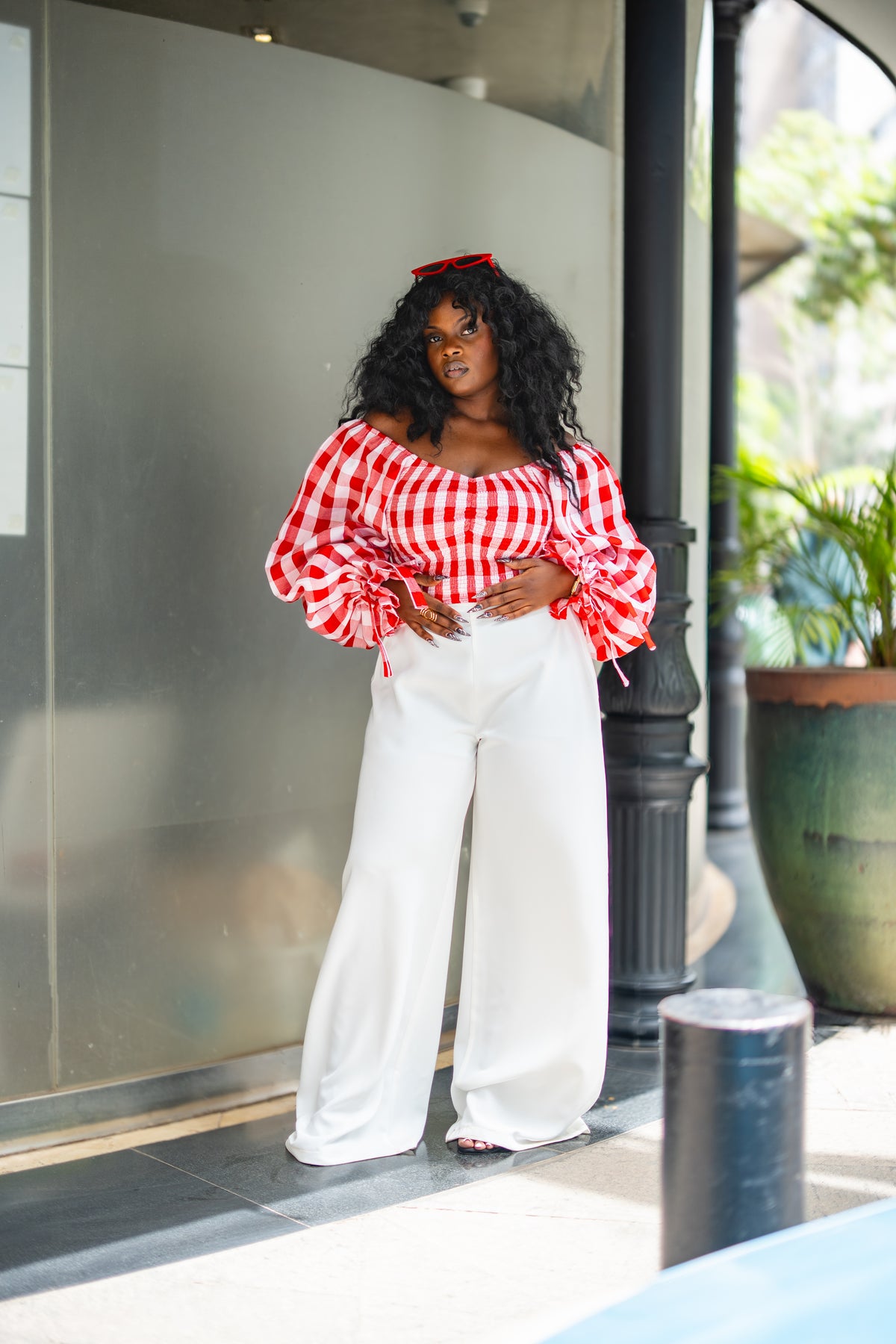 ⁠Gingham ruched top (Red)