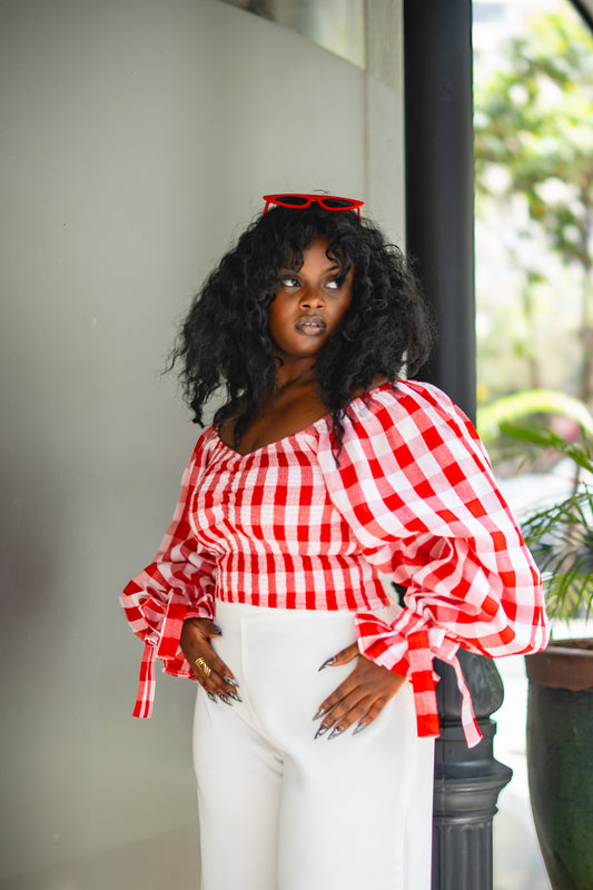 ⁠Gingham ruched top (Red)