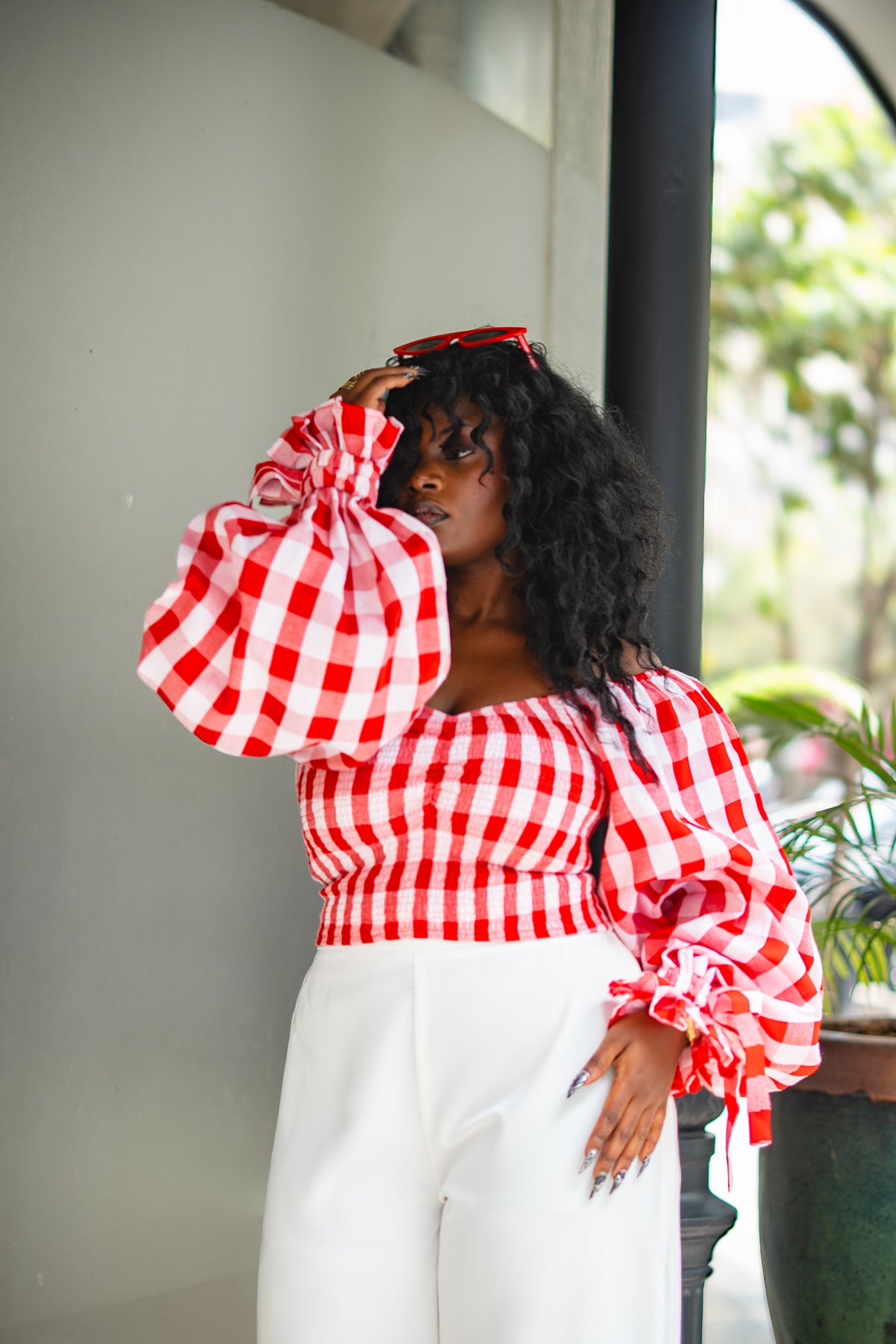 ⁠Gingham ruched top (Red)