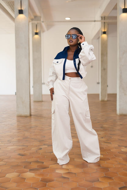 Cropped Shacket (Two-tone - Blue & White)