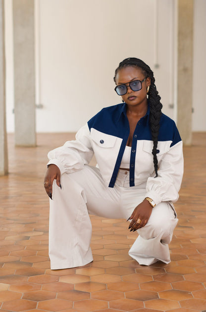 Cropped Shacket (Two-tone - Blue & White)