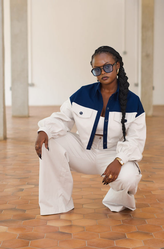 Cropped Shacket - Blue and Off-white
