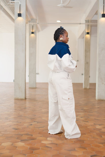 Cropped Shacket (Two-tone - Blue & White)