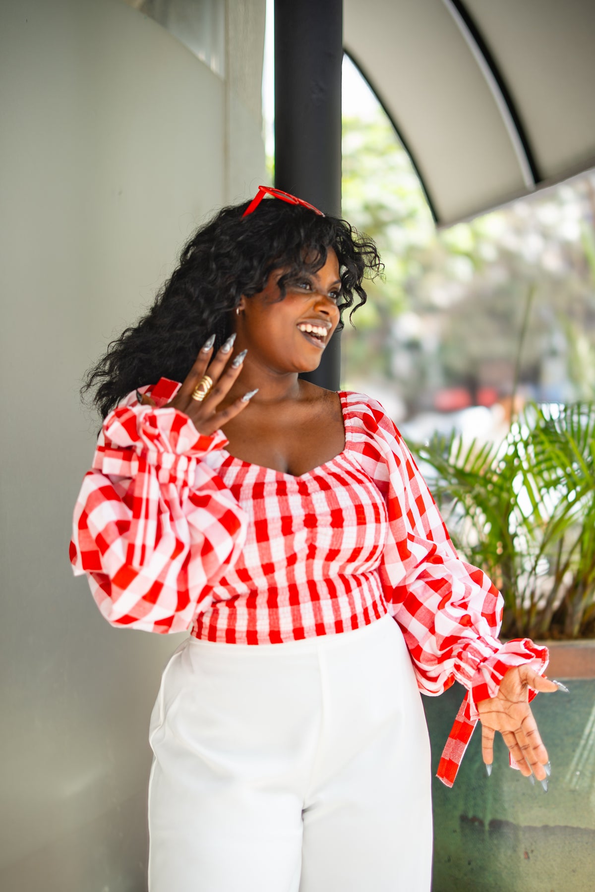 ⁠Gingham ruched top (Red)