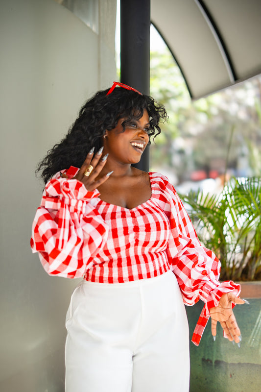 ⁠Gingham ruched top (Red)