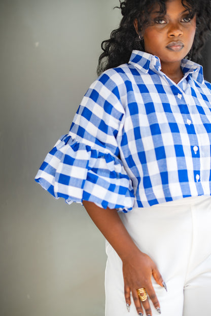 ⁠Gingham kimono shirt (Blue)
