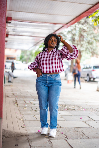 ⁠Gingham kimono shirt (Burgundy)