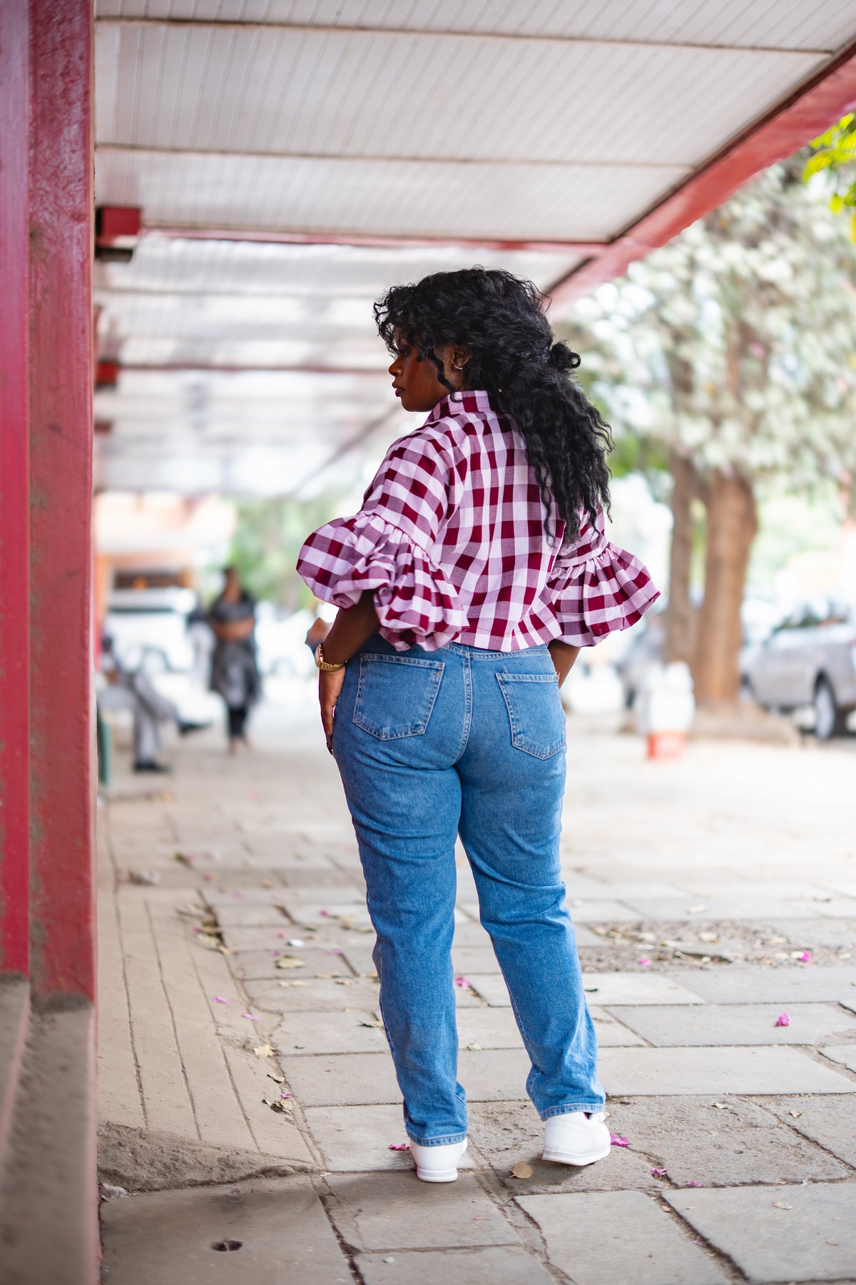 ⁠Gingham kimono shirt (Burgundy)