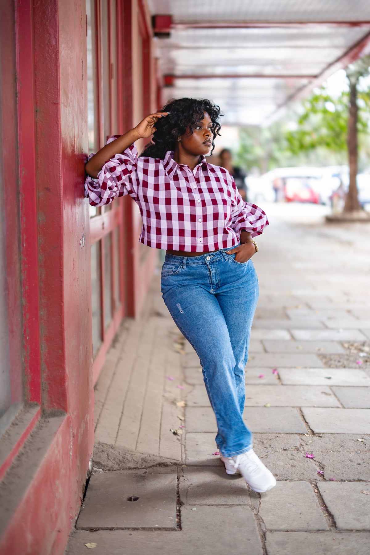 ⁠Gingham kimono shirt (Burgundy)