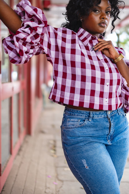 ⁠Gingham kimono shirt (Burgundy)