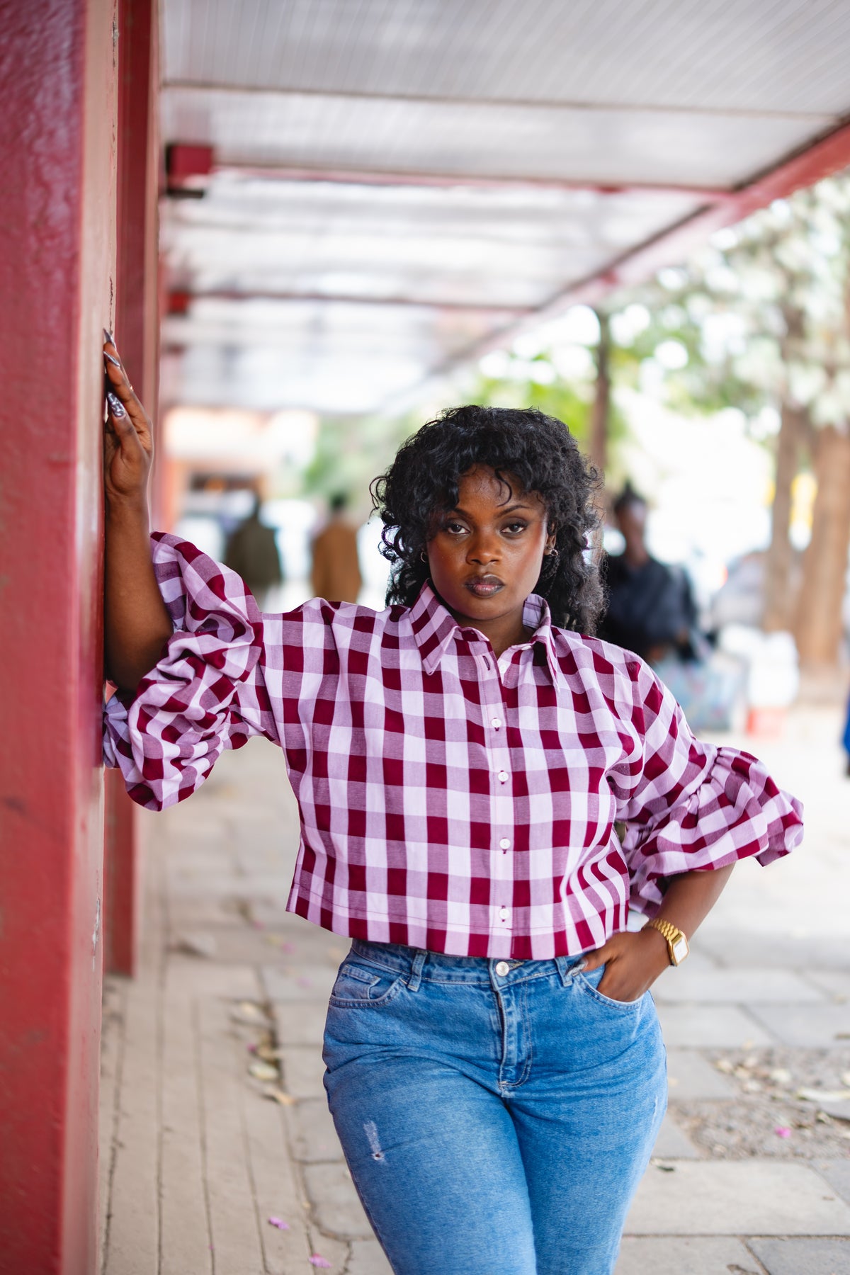 ⁠Gingham kimono shirt (Burgundy)