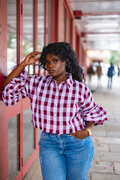 ⁠Gingham kimono shirt (Burgundy)