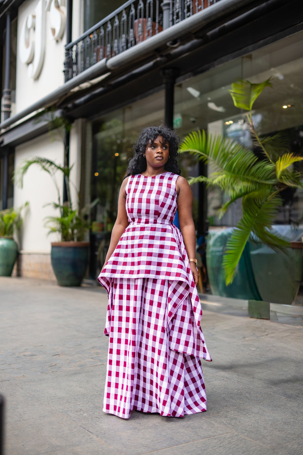 ⁠Gingham handkerchief maxi (Burgundy)