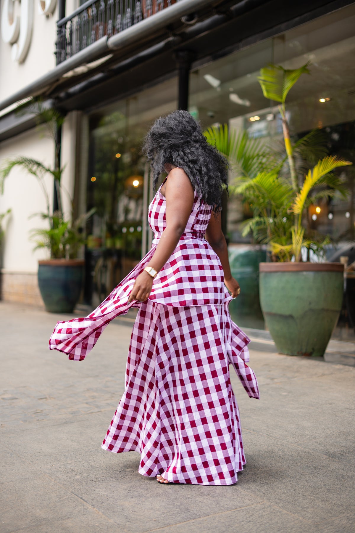 ⁠Gingham handkerchief maxi (Burgundy)