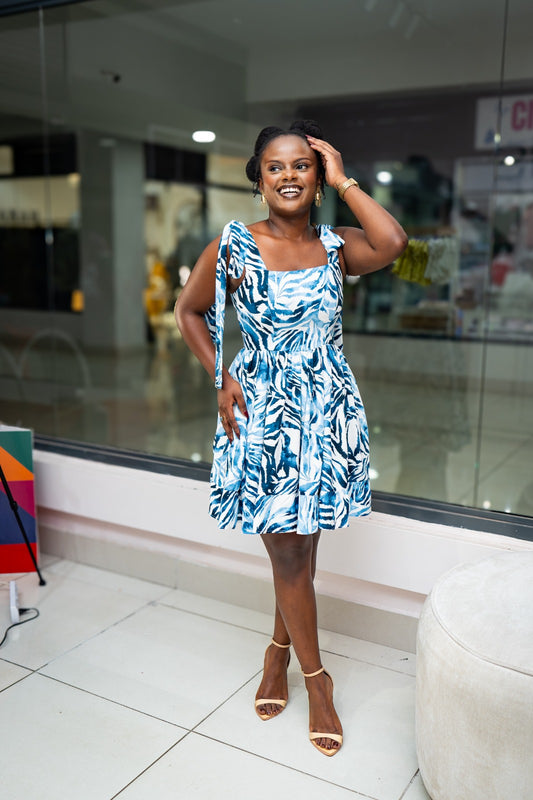 Talia Tie Mini  Dress - Blue Print