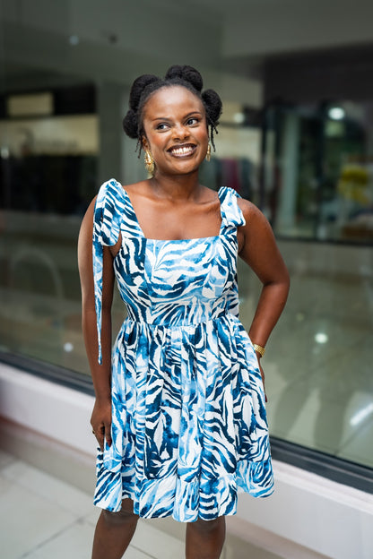 Talia Tie Mini  Dress - Blue Print