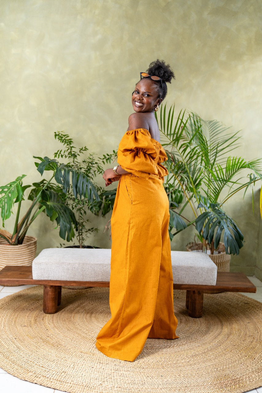 Zahara Chic Linen Top - Mustard Brown