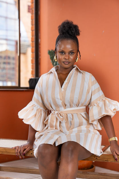 Striped Mini Bubble Shirt Dress - Khaki